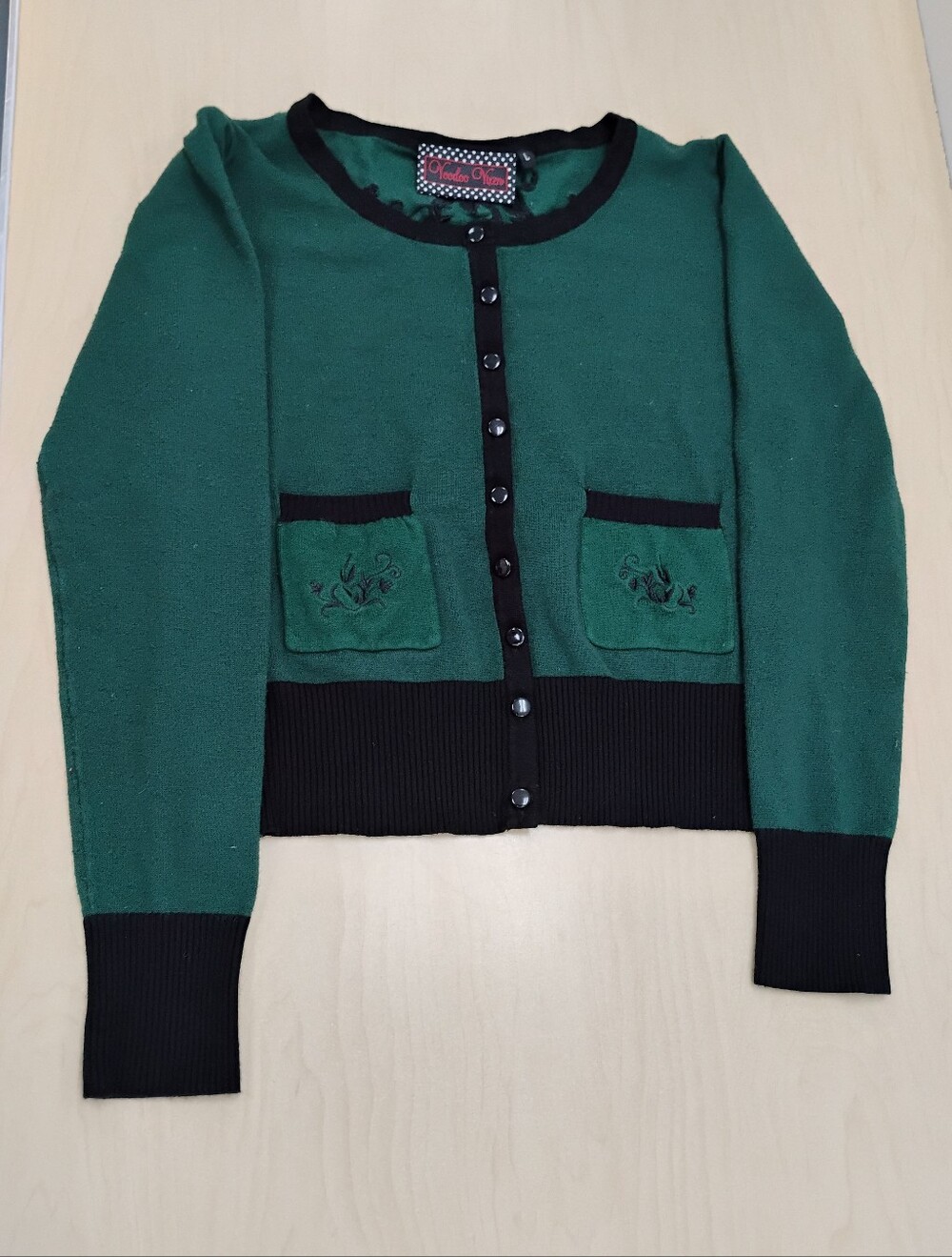 Voodoo Vixen Vintage-Inspired Green and Black Button Cardigan Sweater Size L